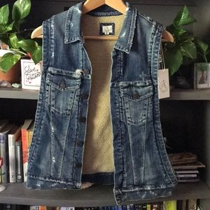 Free People Denim Sherpa Distressed Vest